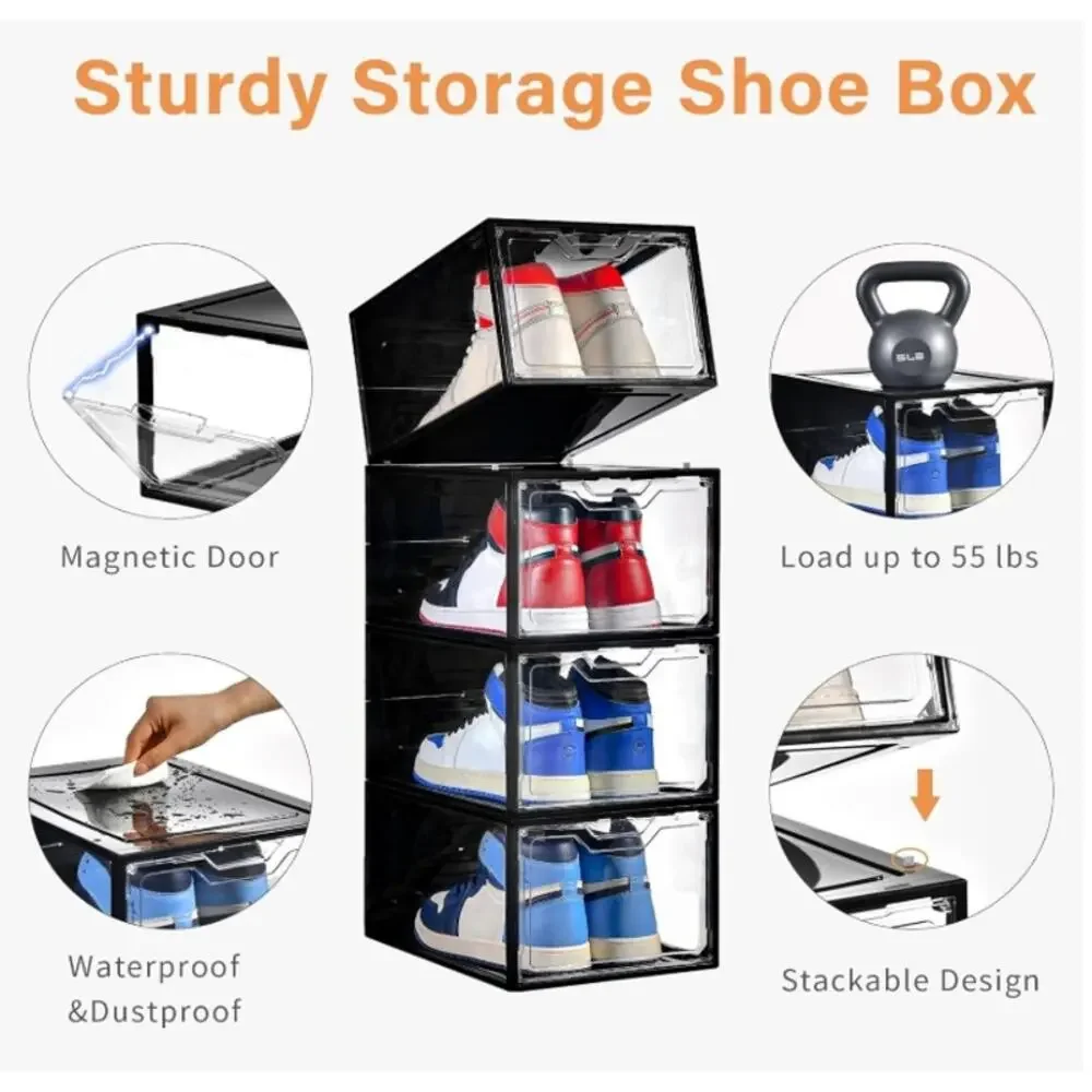 Stebopum 12 Pack Stackable Shoe Storage Boxes Clear Black Magnetic NEW